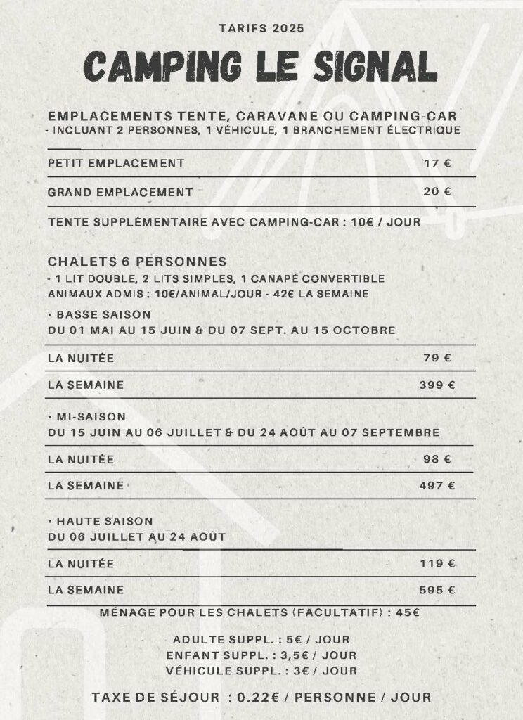 Tarifs du camping du Signal 2024-2025